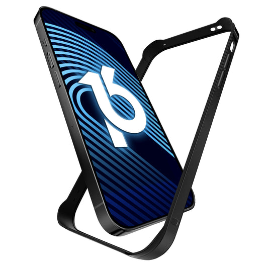 Ein Blue-Screen-Smartphone mit dem arktis iPhone Air Bumper von arktis - aus stoßabsorbierendem TPU-Silikon, ultraleicht und schützend - schwebt auffällig im Raum.