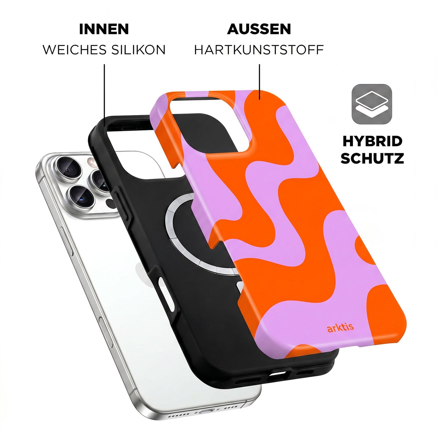 Explosionszeichnung der arktis iPhone 16 Pro Max Hülle - Knokke Queen: innen stoßabsorbierendes TPU-Silikon, außen Hartplastik, farbenfrohes Design und MagSafe-kompatibel für nahtloses Aufladen.