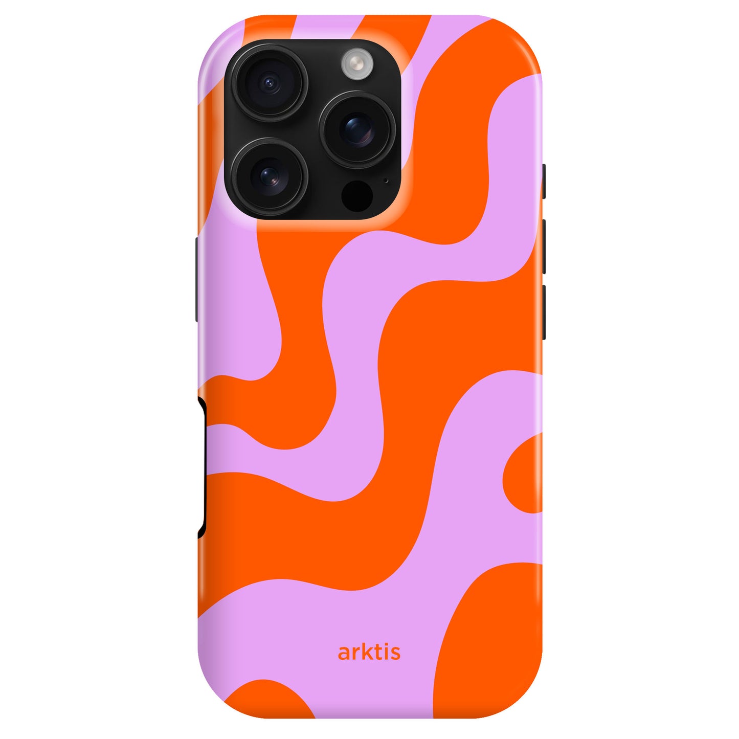 Arktis iPhone 16 Pro Hülle - Knokke Queen: Stylisches gewelltes orange-pinkes Case-Design aus stoßabsorbierendem TPU-Silikon, MagSafe-kompatibel und mit arktis-Schriftzug am unteren Rand.