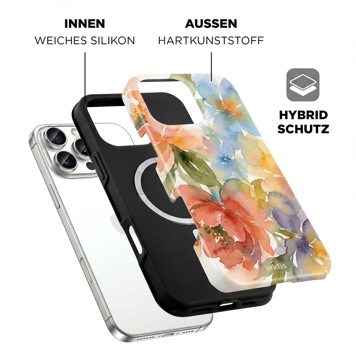 Die arktis iPhone 16 Pro Max Hülle - Floral bietet hybriden Schutz mit weichem, stoßabsorbierendem TPU-Silikon innen und hartem Kunststoff außen; MagSafe kompatibel. iPhone dient nur zur Veranschaulichung.
