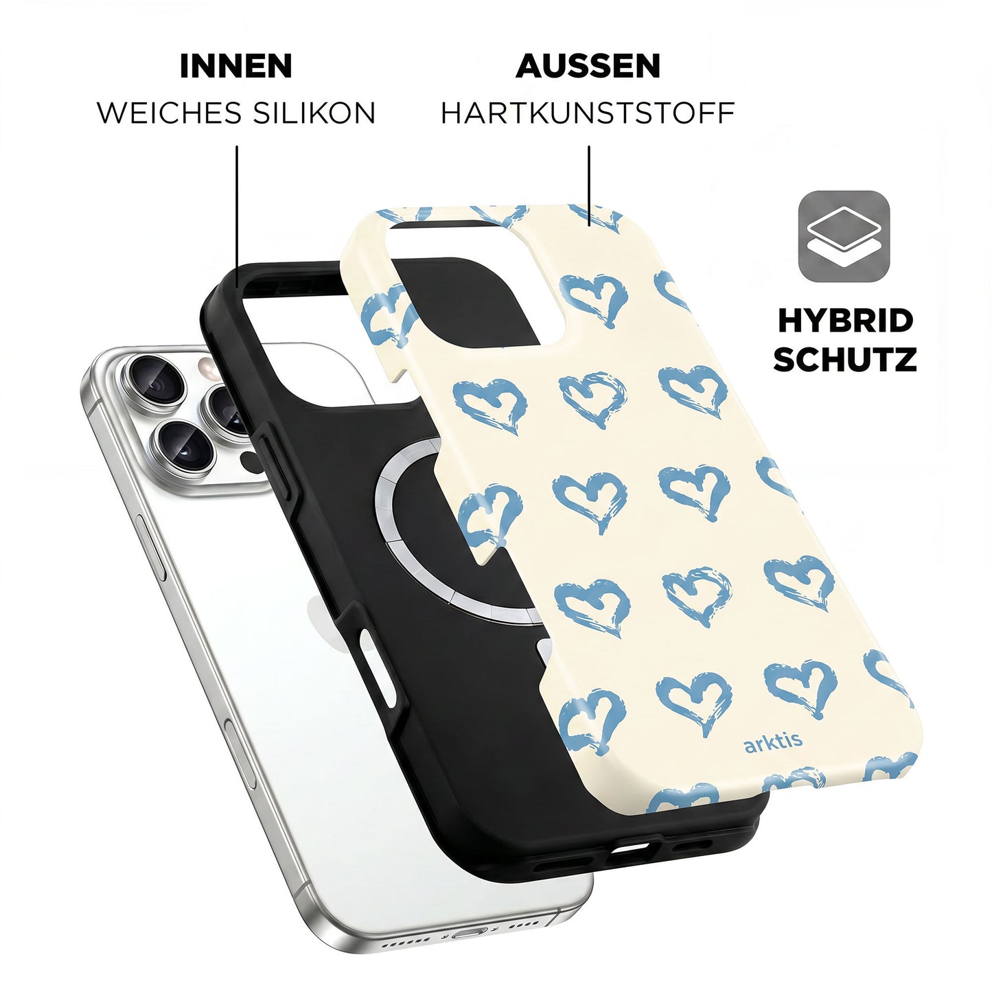 Explosionszeichnung der arktis iPhone 16 Pro Max Hülle - Blue Hearts: MagSafe kompatibel, stoßabsorbierendes TPU-Silikon innen, harter Kunststoff außen.