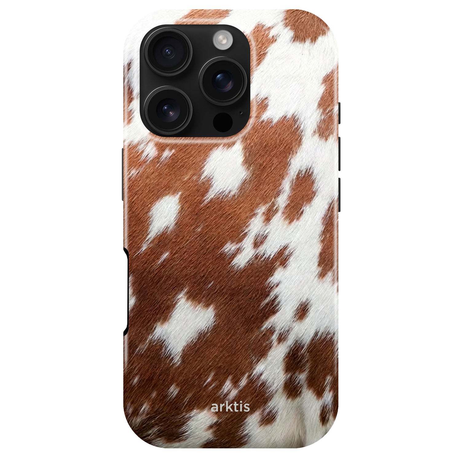 Die arktis iPhone 16 Pro Hülle - Cow hat ein braun-weißes Kuhfellmuster, ein "arktis"-Branding an der Unterseite, ist aus stoßabsorbierendem TPU-Silikon und ist MagSafe-kompatibel.
