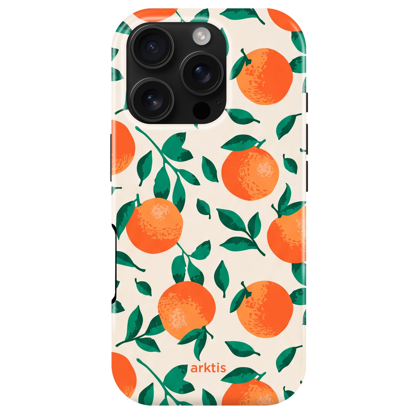 Die arktis iPhone 16 Pro Hülle - Orange Tree zeigt ein orangefarbenes Frucht- und grünes Blattdesign auf cremefarbenem Hintergrund, ist MagSafe-kompatibel und besteht aus stoßabsorbierendem TPU-Silikon für stilvollen Schutz. Auf der Unterseite ist "arktis" aufgedruckt.
