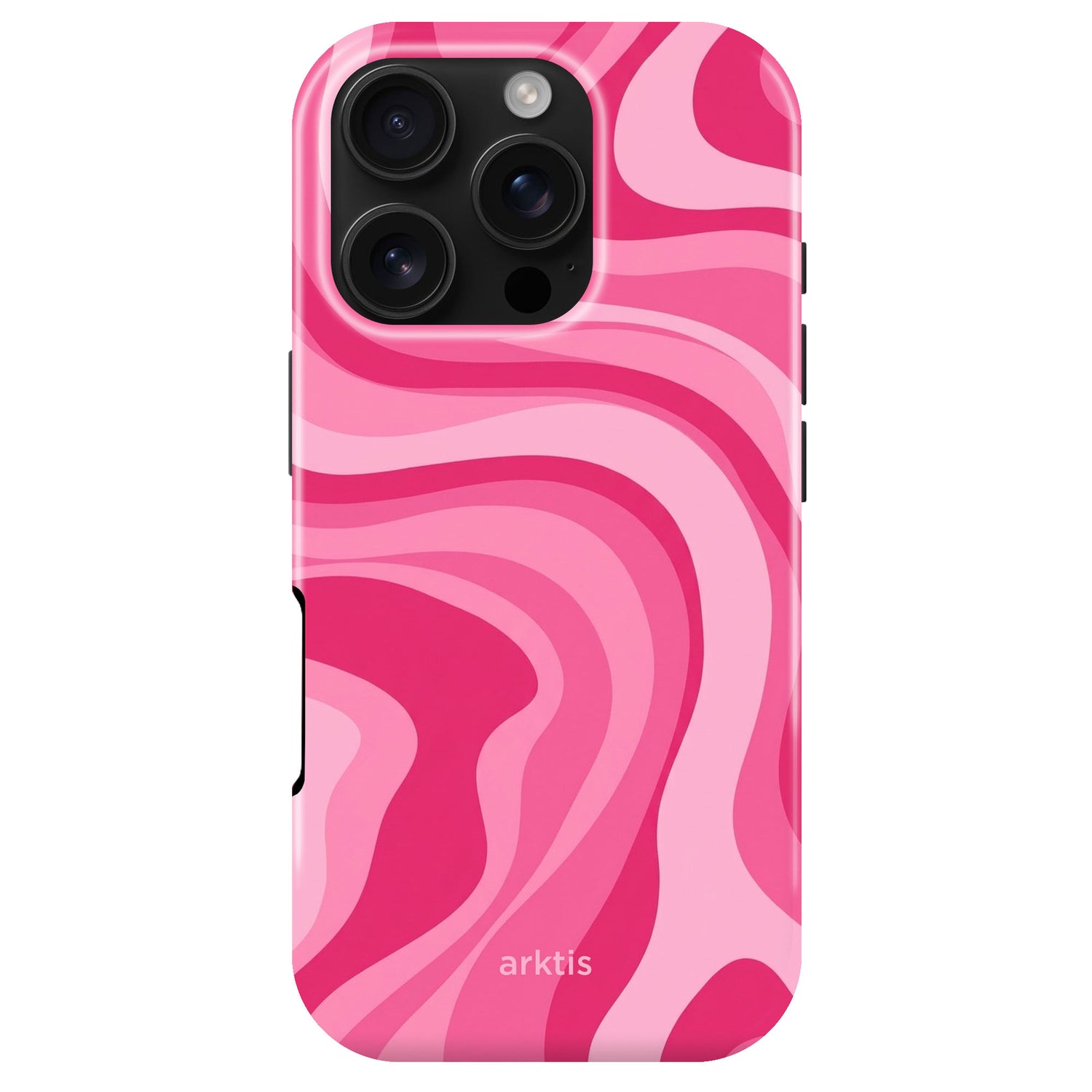 Die arktis iPhone 16 Pro Max Hülle - Aura Pink zeichnet sich durch ein pinkes und magentafarbenes Wellendesign, stoßabsorbierendes TPU-Silikon, MagSafe-Kompatibilität, einen sichtbaren Kamerabereich und arktis Branding an der Unterseite aus.