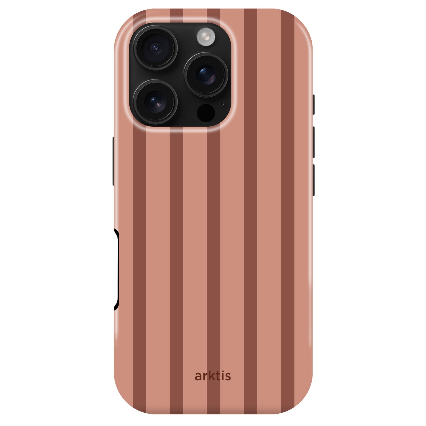 Arktis iPhone 16 Pro Hülle – Muted Clay mit vertikalen, lehmfarbenen Streifen und einer Aussparung für die Dreifachkamera.