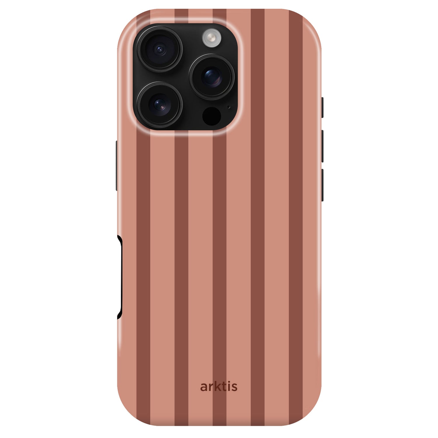 Arktis iPhone 16 Pro Hülle – Muted Clay mit vertikalen, lehmfarbenen Streifen und einer Aussparung für die Dreifachkamera.