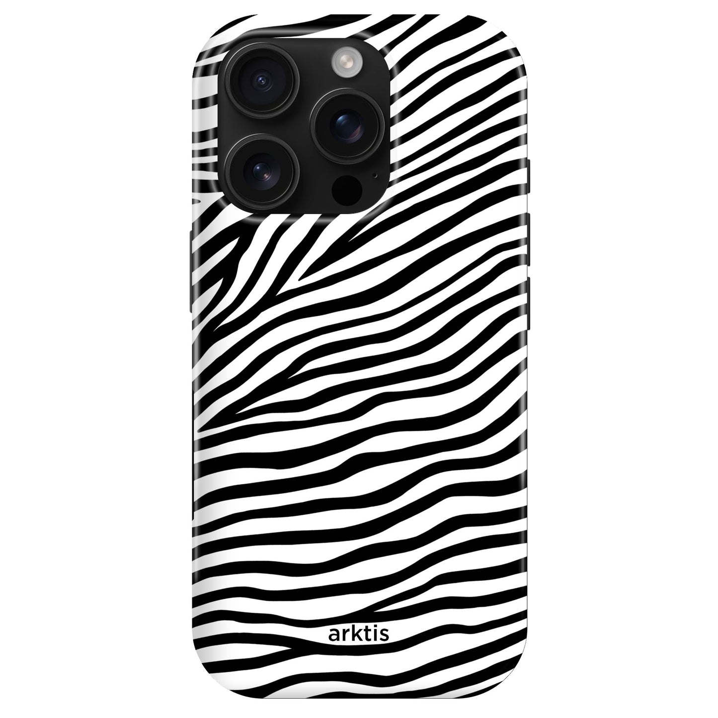 Die arktis iPhone 16 Pro Hülle - Zebra zeichnet sich durch ein elegantes schwarz-weißes Zebrastreifendesign, das arktis Logo an der Unterseite, die TPU-Silikon-Konstruktion und die MagSafe-Kompatibilität für kabelloses Laden aus.