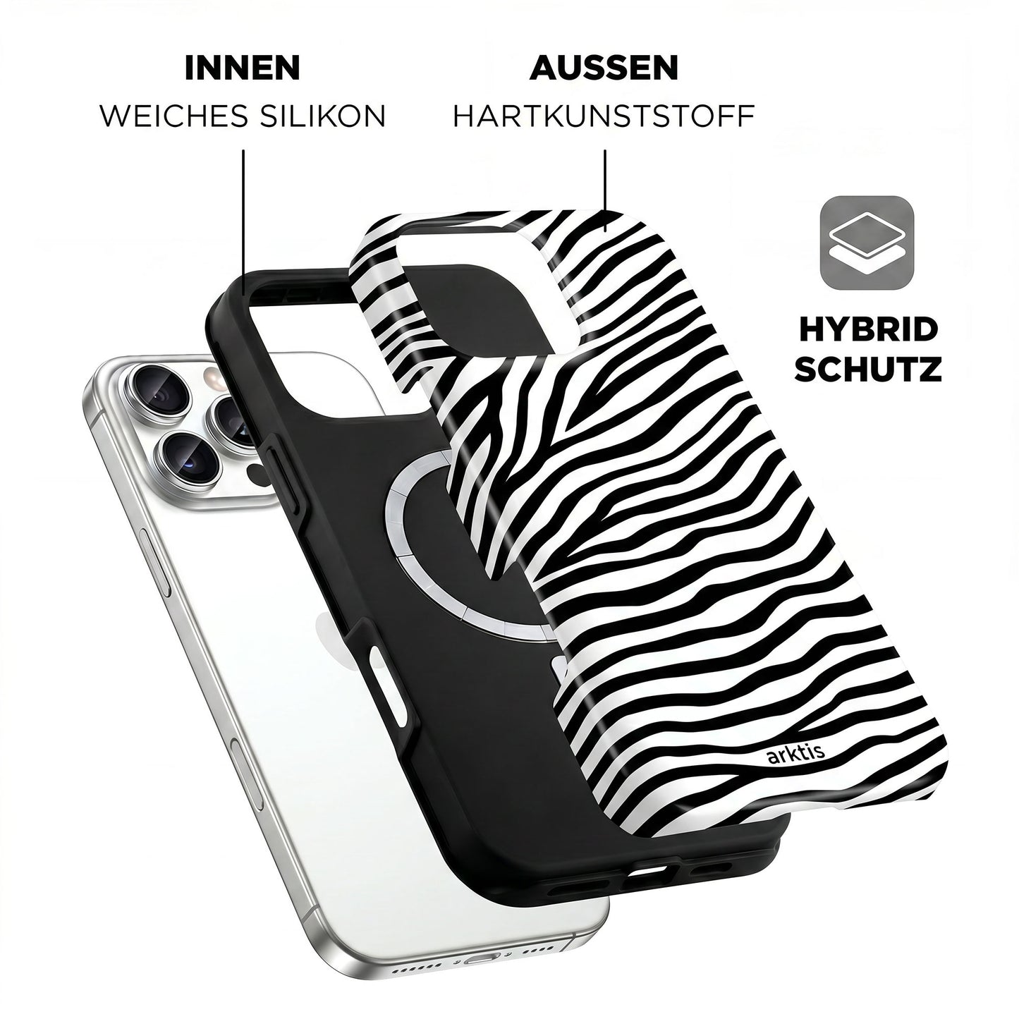 Die Explosionszeichnung der arktis iPhone 16 Pro Max Hülle - Zebra zeigt das MagSafe-kompatible Design mit einer stoßabsorbierenden TPU-Silikon-Innenseite und einer zebragestreiften Hartplastik-Außenseite von arktis.