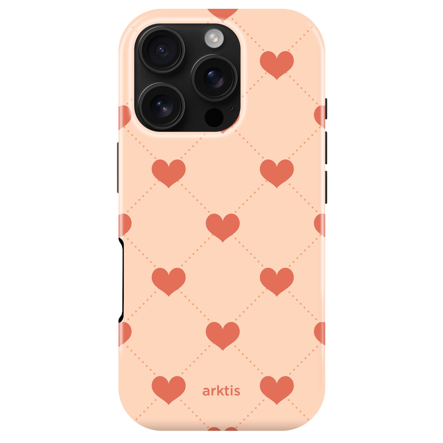 Die arktis iPhone 16 Pro Hülle - Love ist pfirsichfarben, hat ein rotes Herzmuster, ein dezentes arktis Branding, ist MagSafe-kompatibel und besteht aus stoßabsorbierendem TPU-Silikon für optimalen Schutz.