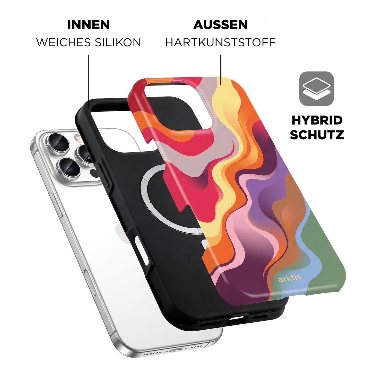 Explosionszeichnung der arktis iPhone 16 Pro Max Hülle - Happy Life: farbenfrohe Hülle von arktis mit stoßabsorbierender TPU-Silikon-Innenschicht, Hartplastik-Außenschale und MagSafe-Kompatibilität für die einfache Befestigung von Zubehör.