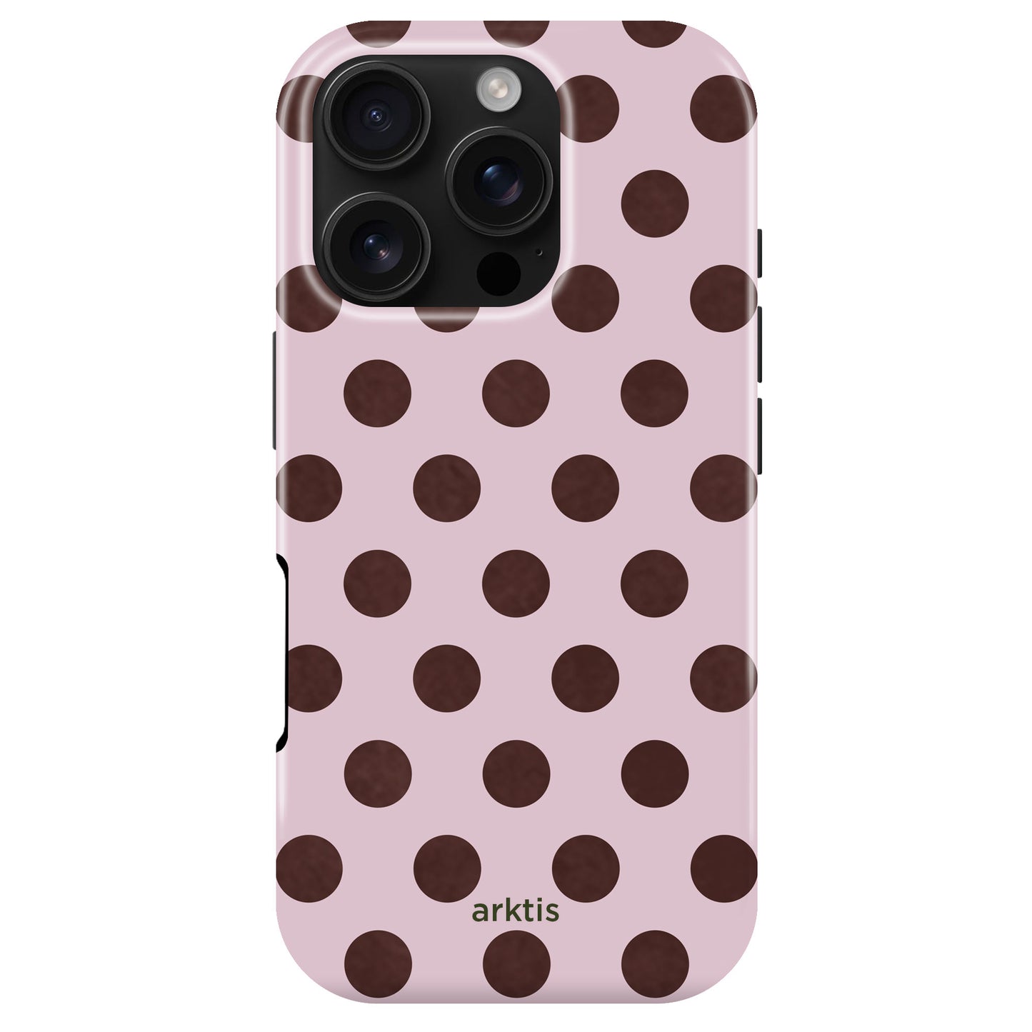 Die arktis iPhone 16 Pro Hülle - Sweetie hat ein pinkes Design mit auffälligen dunkelbraunen Punkten, das arktis-Logo, stoßabsorbierendes TPU-Silikon und ist MagSafe-kompatibel für täglichen Schutz und Stil.