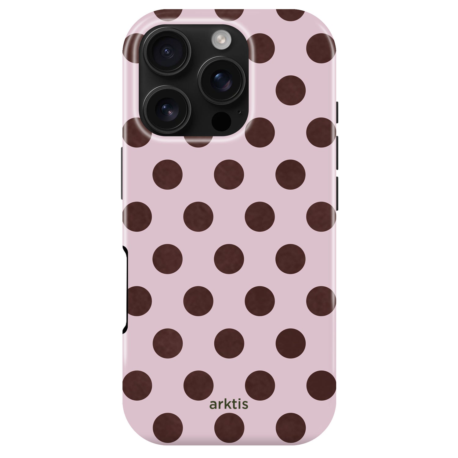 Die arktis iPhone 16 Pro Hülle - Sweetie hat ein pinkes Design mit auffälligen dunkelbraunen Punkten, das arktis-Logo, stoßabsorbierendes TPU-Silikon und ist MagSafe-kompatibel für täglichen Schutz und Stil.