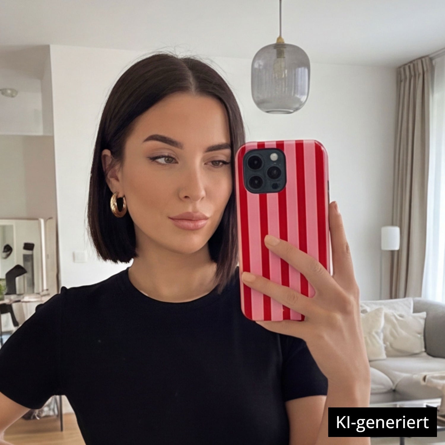 Eine Frau mit Bob-Haarschnitt macht ein Spiegel-Selfie in einem modernen Wohnzimmer und zeigt dabei ihr arktis iPhone 15 Hülle - Stripes von arktis, hergestellt aus stoßabsorbierendem TPU-Silikon. KI-generiert.
