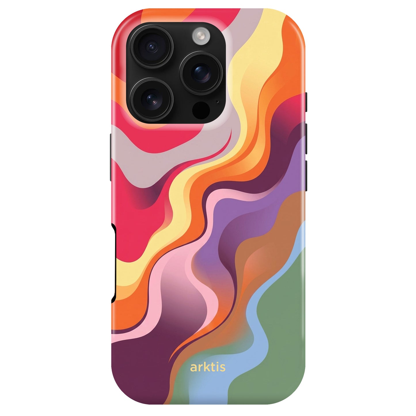 Die arktis iPhone 16 Pro Hülle - Happy Life besticht mit buntem, abstraktem Wellenmuster in Rot, Orange, Lila und Grün. Aus stoßabsorbierendem TPU-Silikon gefertigt und MagSafe-kompatibel für optimalen Schutz.
