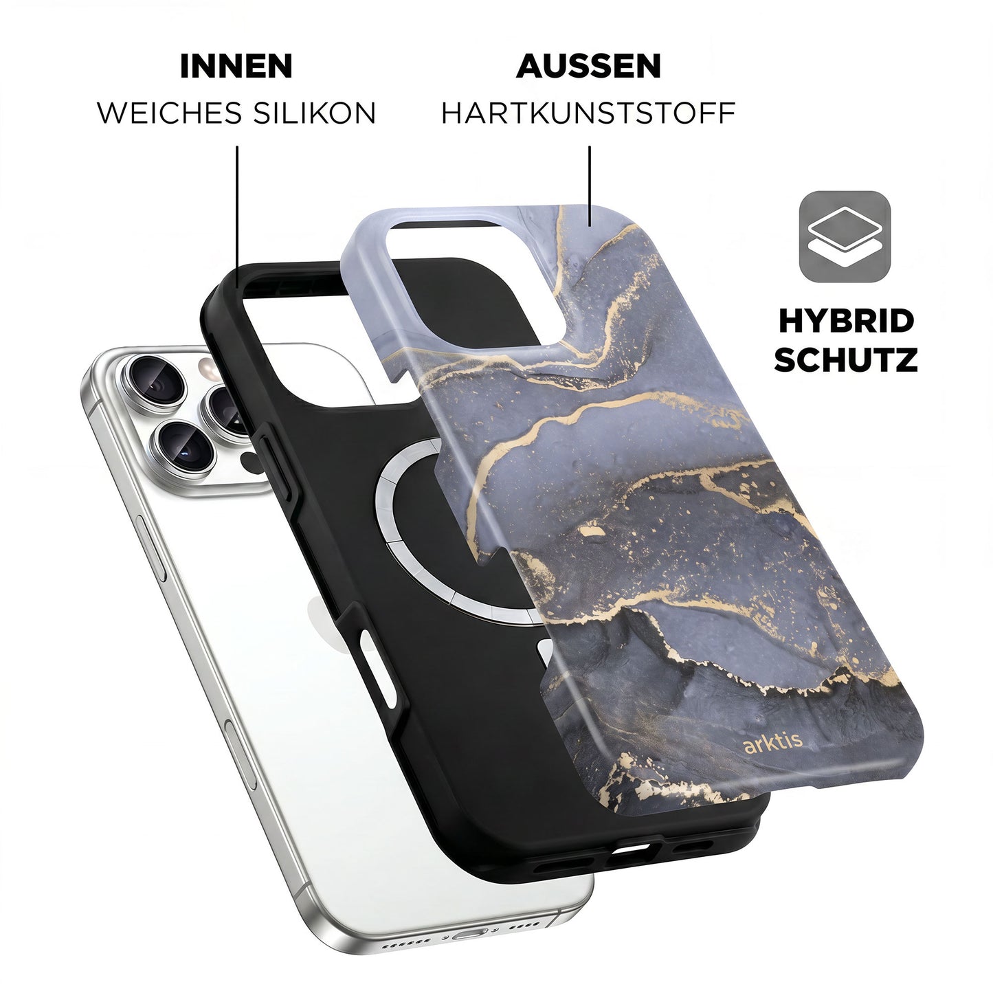 Explosionsdarstellung der arktis iPhone 16 Pro Hülle - Dusty Marble: mit einer weichen, stoßabsorbierenden TPU-Silikon-Innenhülle und einer Hartschale mit Marmormuster für hybriden Schutz.