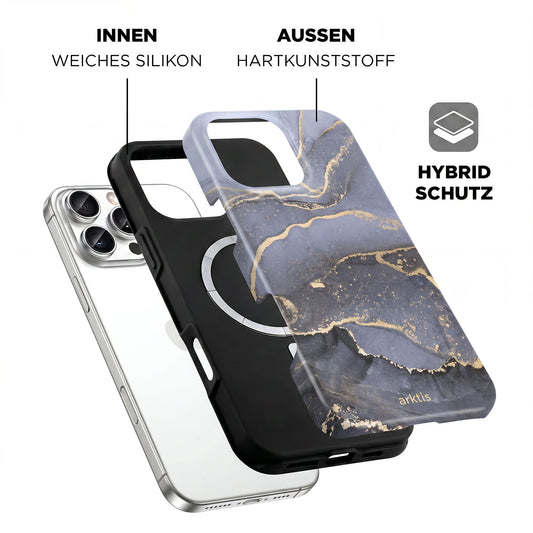 Explosionsdarstellung der arktis iPhone 16 Pro Hülle - Dusty Marble: mit einer weichen, stoßabsorbierenden TPU-Silikon-Innenhülle und einer Hartschale mit Marmormuster für hybriden Schutz.