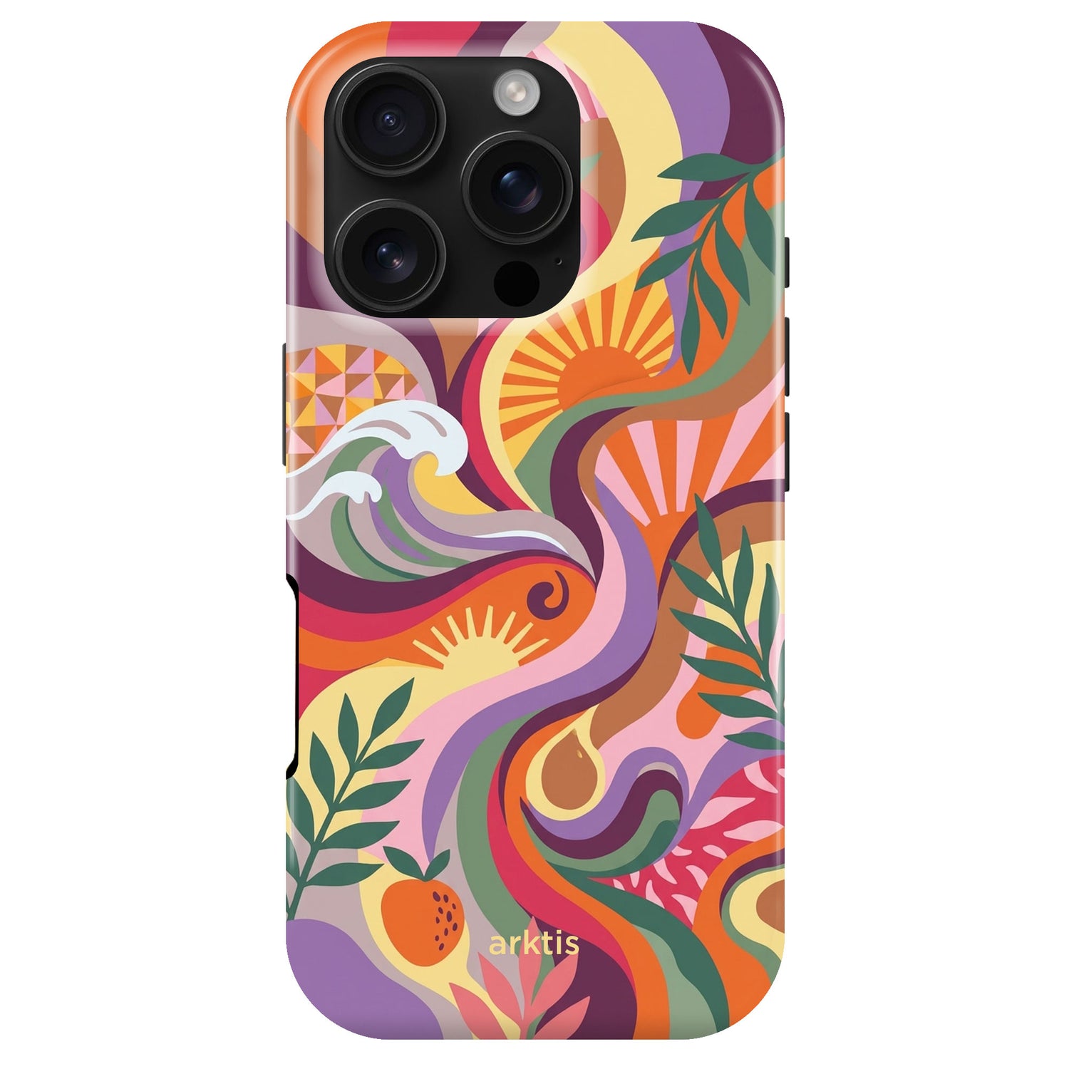 Die arktis iPhone 16 Pro Hülle - Summer Case zeigt abstrakte Formen, Blätter, Wellen und Sonnenmotive in leuchtenden Farben. Hergestellt aus TPU-Silikon und MagSafe kompatibel für einfaches Aufladen.