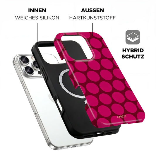 Explosionszeichnung der arktis iPhone 16 Pro Max Hülle - Polka Dots, mit rosa Punkten, einer stoßdämpfenden TPU-Silikon-Innenschicht, einem Hartplastikgehäuse und MagSafe-Kompatibilität für zusätzlichen Komfort.