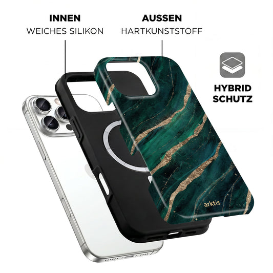 Explosionszeichnung der arktis iPhone 16 Pro Hülle - Green Marble: Features stoßabsorbierendes TPU-Silikon innen, harter Kunststoff außen, MagSafe kompatibel. Marke: arktis.