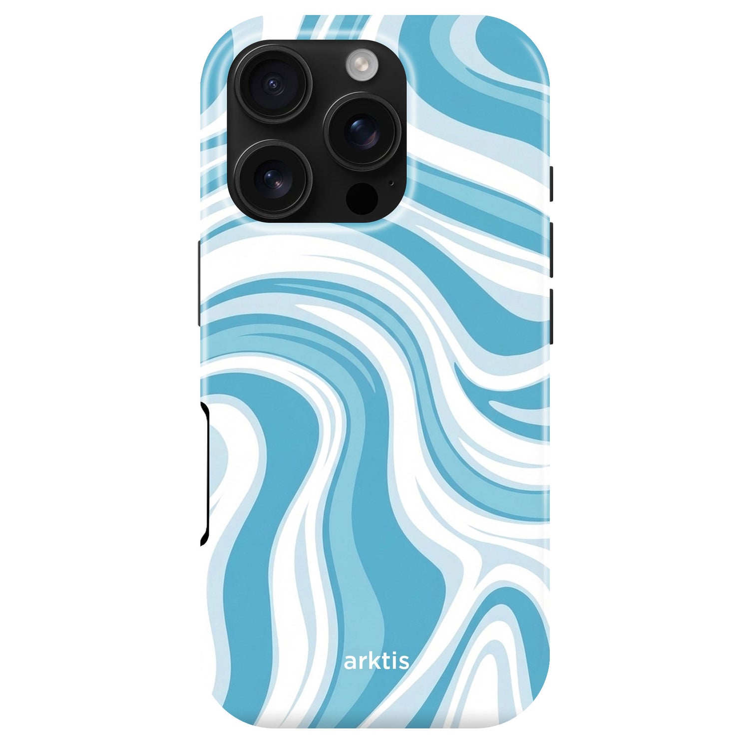 Die arktis iPhone 16 Pro Hülle - Blue Lagoon verfügt über ein blau-weißes, wellenförmiges, abstraktes Design, "arktis" Branding, ist aus stoßabsorbierendem TPU-Silikon gefertigt, MagSafe kompatibel - perfekt für dein iPhone 16 Pro.