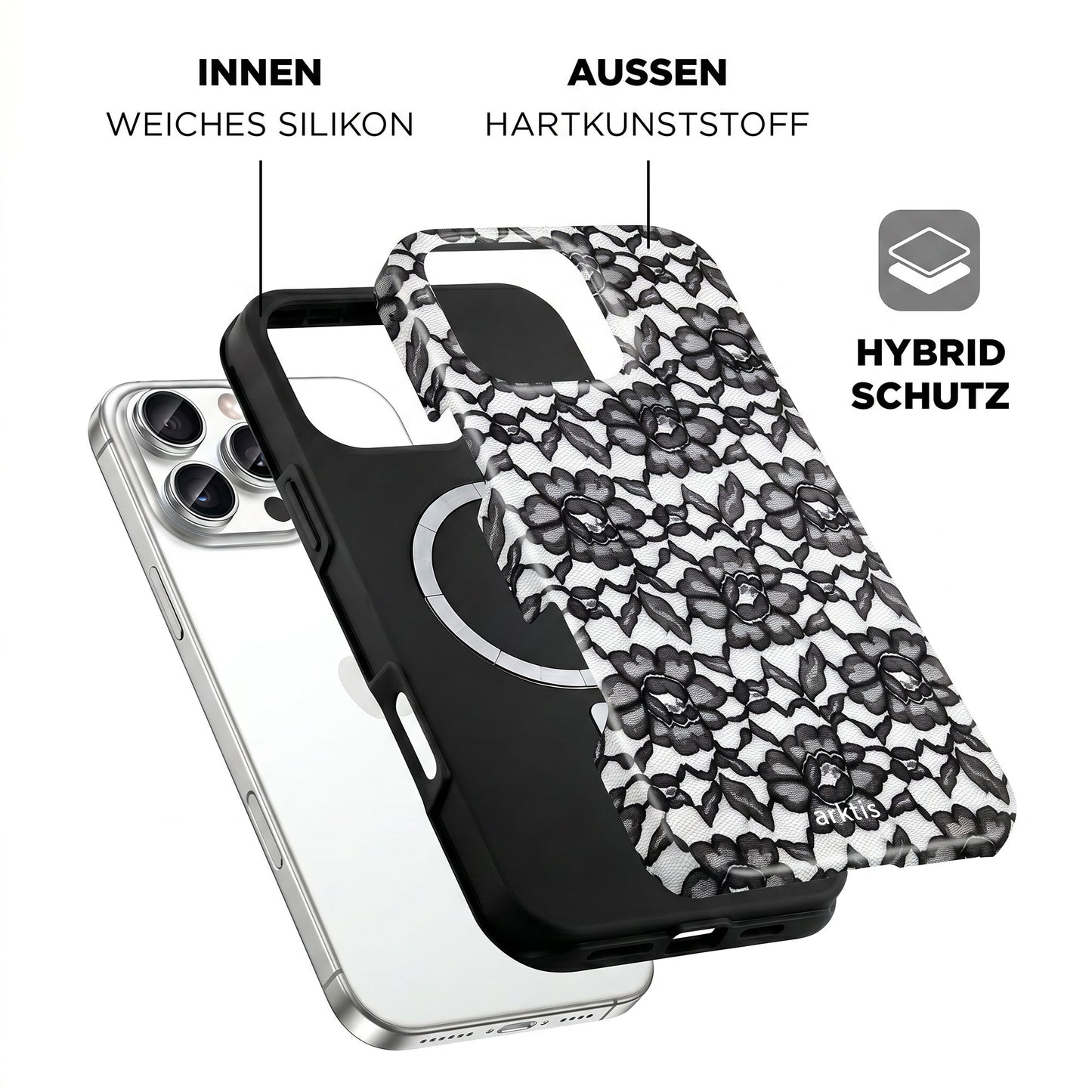 Die Explosionsansicht der arktis iPhone 16 Pro Max Hülle - Dark Rose zeigt eine stoßabsorbierende TPU-Silikon-Innenschicht und eine Hartplastik-Außenschale mit elegantem Blumendesign.