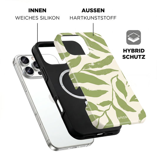 Die arktis iPhone 16 Pro Max Hülle - Botanic verfügt über ein grünes Blattmuster, stoßabsorbierende TPU-Silikon-Innenschicht, harter Kunststoff-Außenschale und ist MagSafe-kompatibel. Stilvoll am Handy präsentiert.
