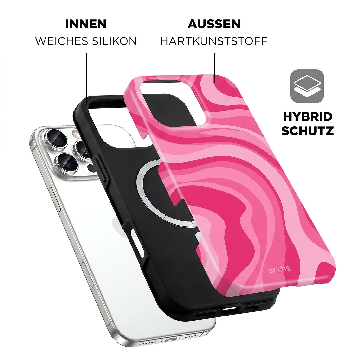 Explosionszeichnung der arktis iPhone 16 Pro Max Hülle - Aura Pink, die eine schwarze stoßabsorbierende TPU-Silikon-Schicht und eine pinke Hartschale für den Hybridschutz zeigt.