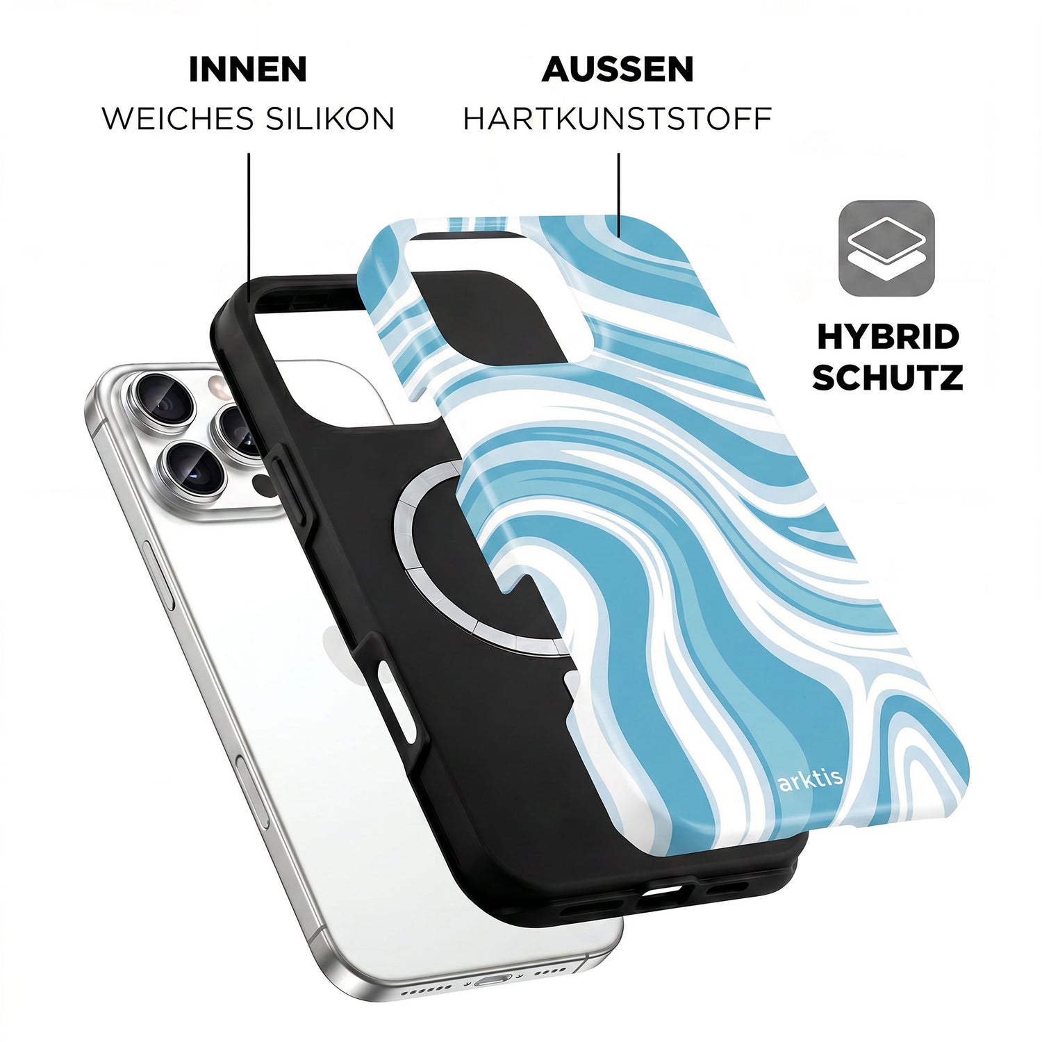 Explosionszeichnung der arktis iPhone 16 Pro Hülle - Blue Lagoon: zeigt die stoßabsorbierende TPU-Silikon-Innenseite, die Hartplastik-Außenseite und die MagSafe-Kompatibilität.