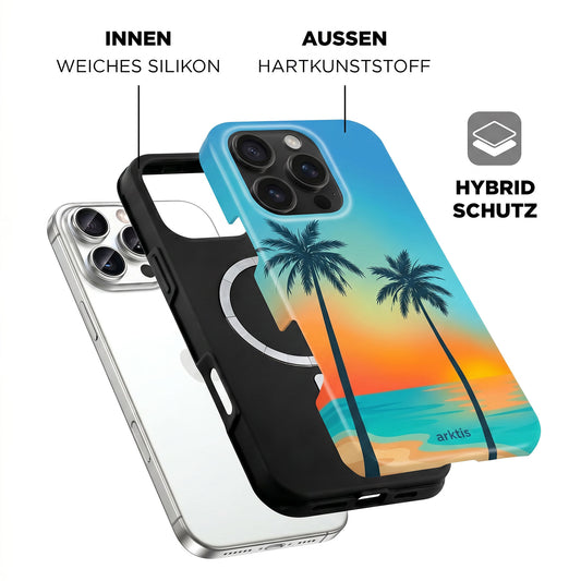 Die arktis iPhone 16 Pro Max Hülle - Sunset Beach verfügt über ein farbenfrohes Palmen-Design, stoßabsorbierendes TPU-Silikon innen, harter Kunststoff außen, und ist MagSafe-kompatibel für einfaches Laden.