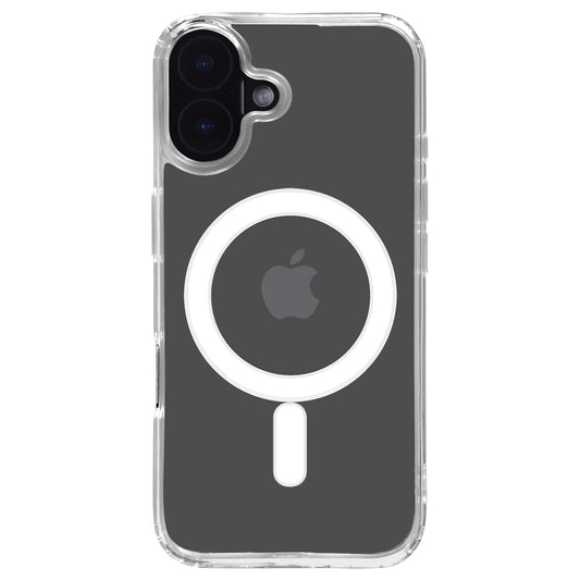 Das arktis iPhone 16 Air Case mit MagSafe ist eine transparente, stoßfeste Hülle, abgebildet auf einem schwarzen iPhone mit dem MagSafe-Ring und Apple-Logo sichtbar auf der Rückseite.