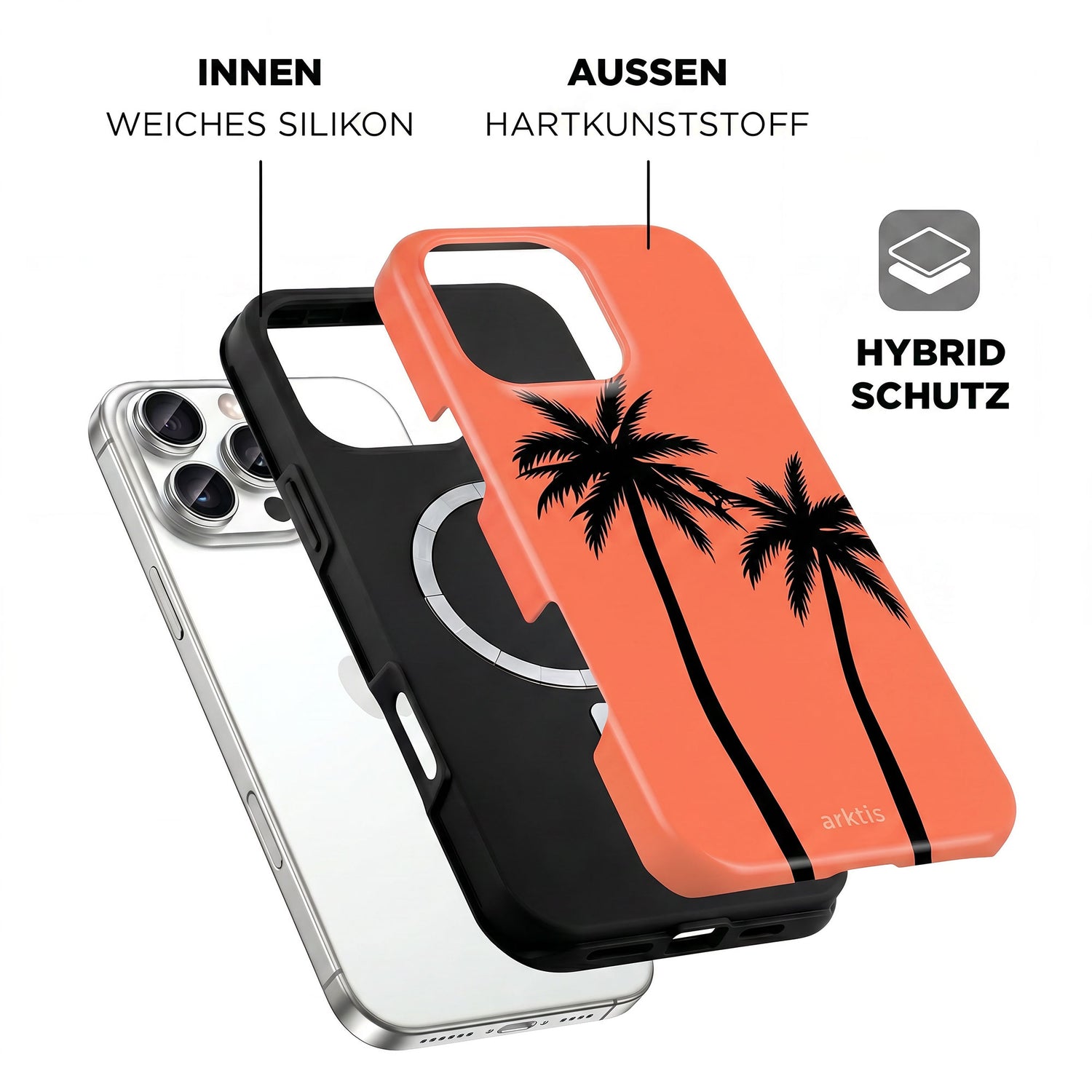 Explosionszeichnung der arktis iPhone 16 Pro Max Hülle - Coral Coast mit Palmen-Design, stoßabsorbierendem TPU-Silikonkern, Hartplastik-Außenhülle und MagSafe-kompatiblem Gehäuse von arktis.