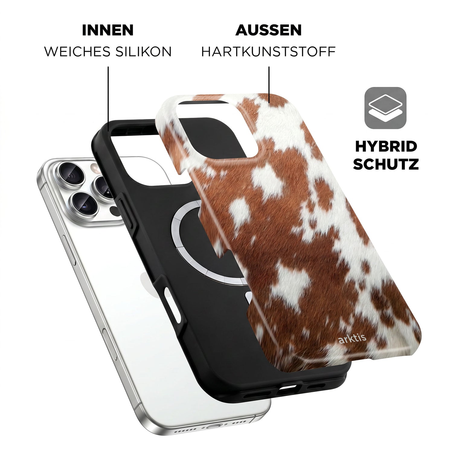 Explosionszeichnung der arktis iPhone 16 Pro Max Hülle - Cow, die MagSafe-Kompatibilität, ein Kuh-Muster, stoßabsorbierendes TPU-Silikon im Inneren und ein Hartplastik-Außengehäuse zeigt.