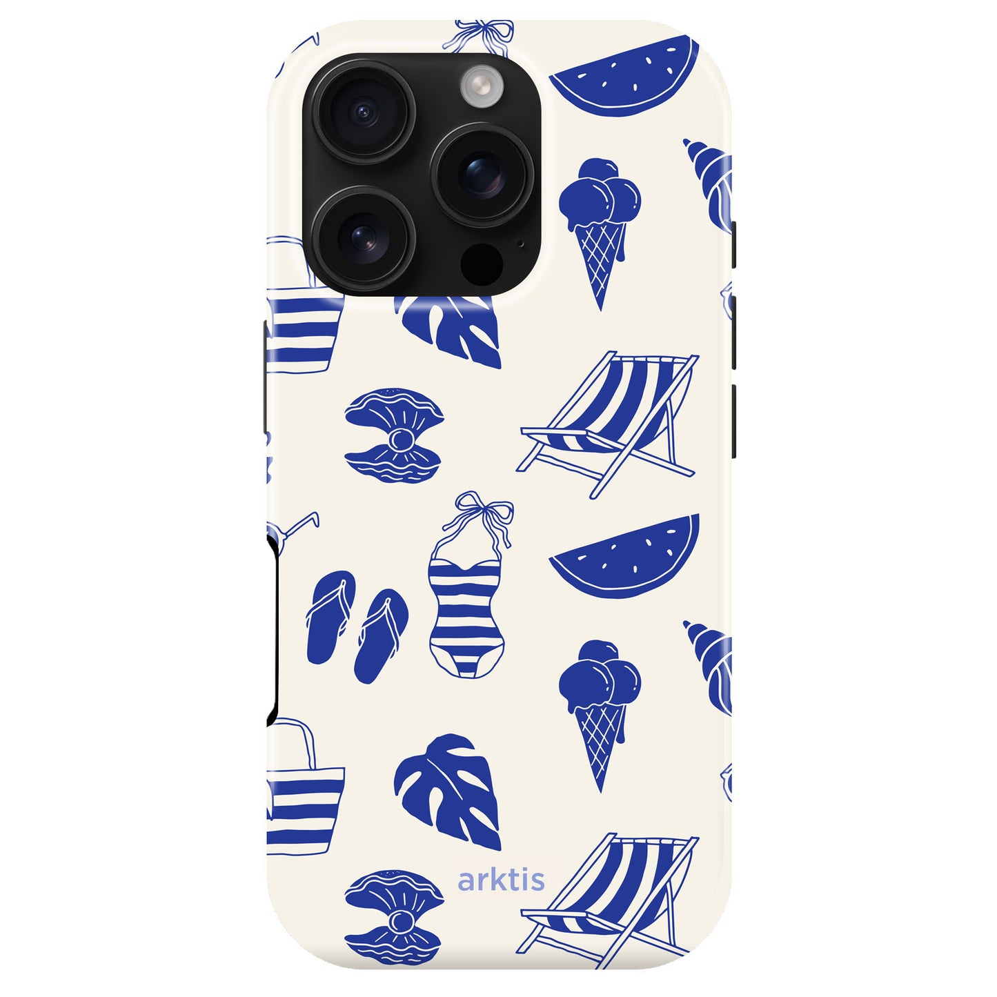Die arktis iPhone 16 Pro Max Hülle - Beach Style von arktis aus stoßabsorbierendem TPU-Silikon zeigt sommerliche Motive wie Liegestühle, Eis, Badeanzug und Wassermelone. MagSafe-kompatibel für einfaches Laden.