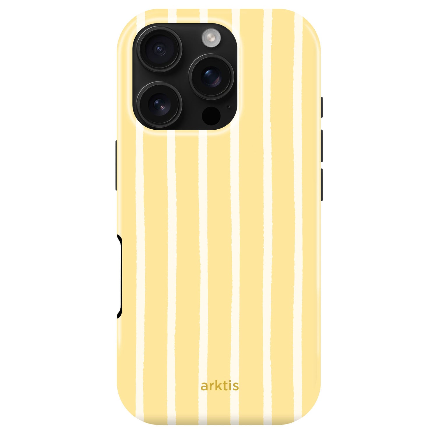 Die arktis iPhone 16 Pro Max Hülle "Sunny Stripes" schützt mit stoßabsorbierendem TPU-Silikon, gelb-weißem Streifen-Design und arktis-Schriftzug. MagSafe-kompatibel für bequemes kabelloses Laden.