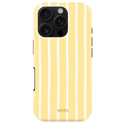 Die arktis iPhone 16 Pro Max Hülle "Sunny Stripes" schützt mit stoßabsorbierendem TPU-Silikon, gelb-weißem Streifen-Design und arktis-Schriftzug. MagSafe-kompatibel für bequemes kabelloses Laden.