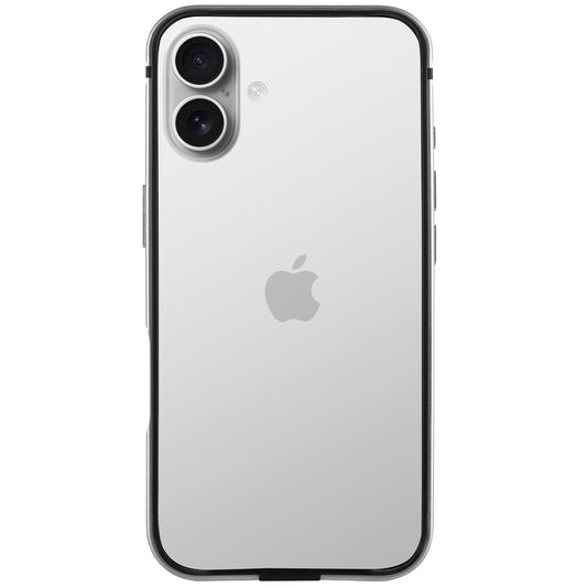 Der arktis iPhone 16 Plus Bumper ist eine durchsichtige, ultraleichte Hülle für Ihr silbernes iPhone mit Aussparungen für zwei Kameraobjektive auf der Rückseite und dem Apple-Logo – vollständig kompatibel mit kabellosem Laden.