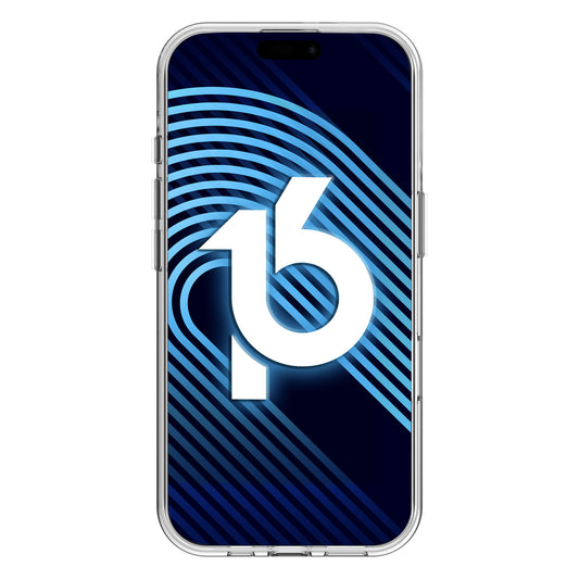 Ein Smartphone mit einer leuchtenden Zahl 16 auf blauen diagonalen Linien, geschützt durch das arktis iPhone 16 Air Case aus stoßdämpfendem TPU-Silikon.