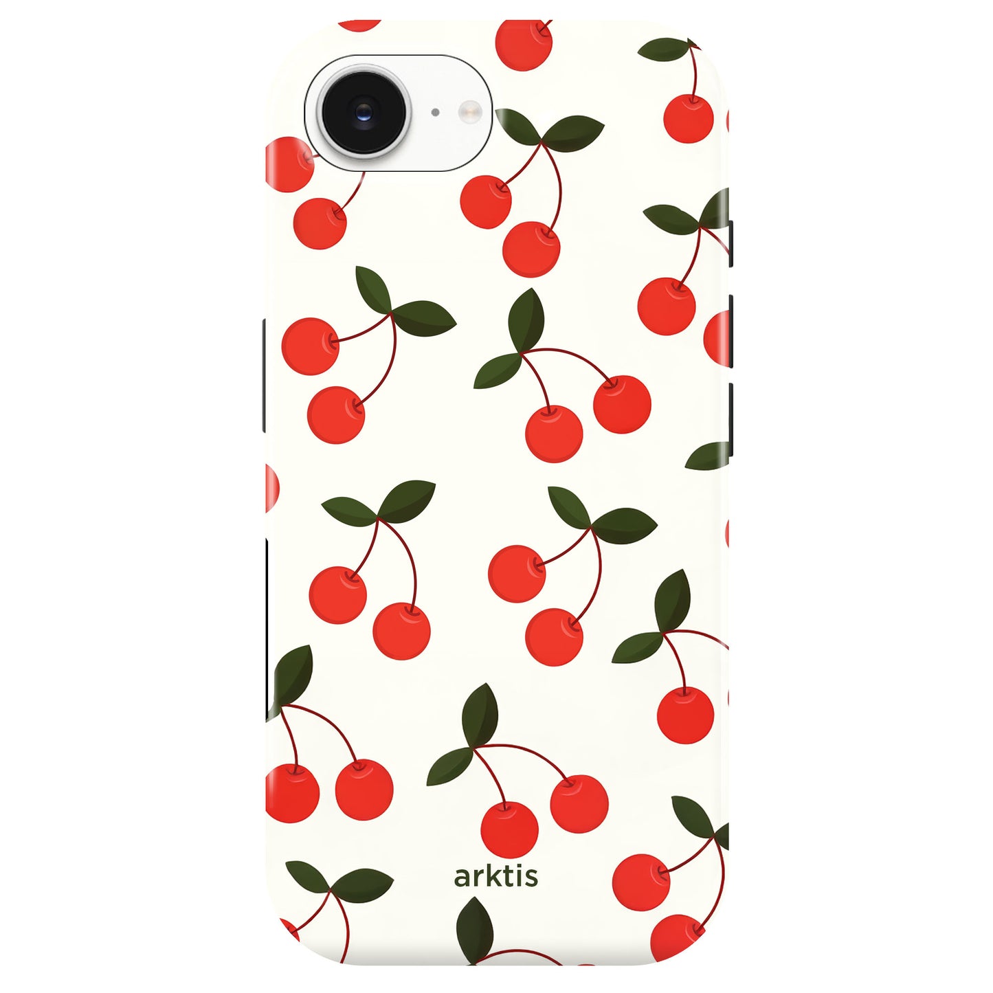 Die arktis iPhone 17e Hülle - Cherry von arktis zeigt ein rotes Kirsch- und grünes Blattmuster auf weißem Grund, ist aus stoßabsorbierendem TPU-Silikon gefertigt, MagSafe kompatibel und hat einen "arktis"-Schriftzug an der Unterseite.