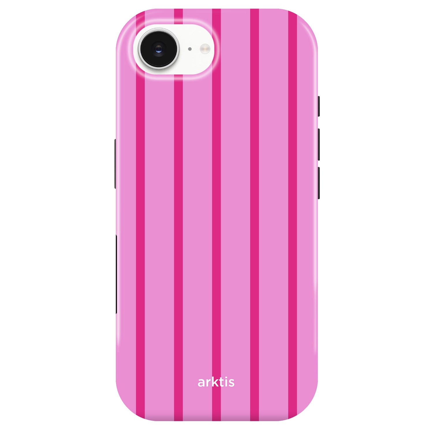 Die arktis iPhone 17e Hülle - Lady Stripes hat vertikale dunkelrosa Streifen, den Schriftzug "arktis" am unteren Rand und ist aus stoßabsorbierendem TPU-Silikon für optimalen Schutz gefertigt.