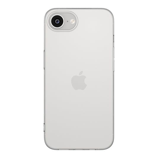 Ein silbernes Apple iPhone 16e wird von hinten in einem eleganten arktis Invisible Air Case präsentiert, das aus transparentem TPU-Silikon besteht und die einzelne Rückkamera und das zentrierte Apple-Logo freigibt.
