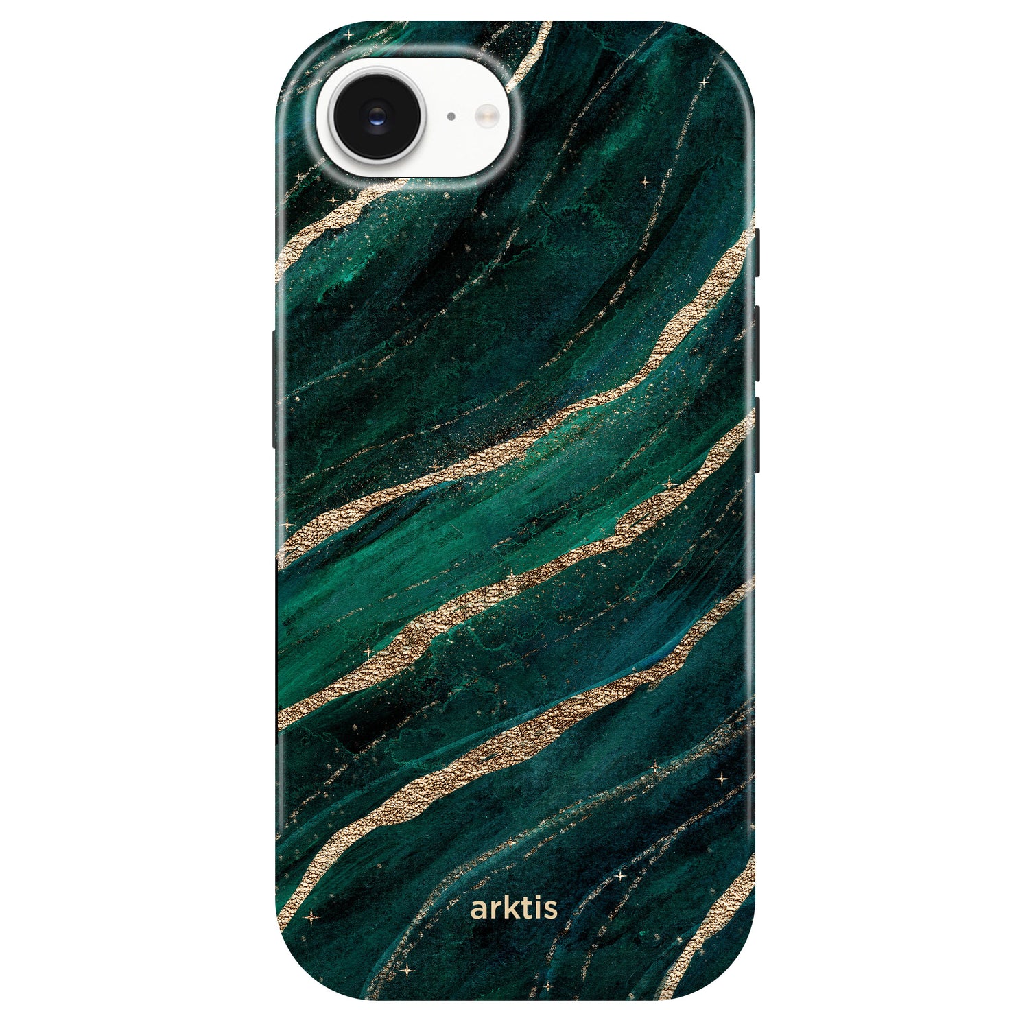 Die arktis iPhone 16e Hülle - Green Marble hat eine dunkelgrüne und goldene Marmorierung, ein arktis Branding, ist aus stoßabsorbierendem TPU-Silikon gefertigt und ist MagSafe-kompatibel.