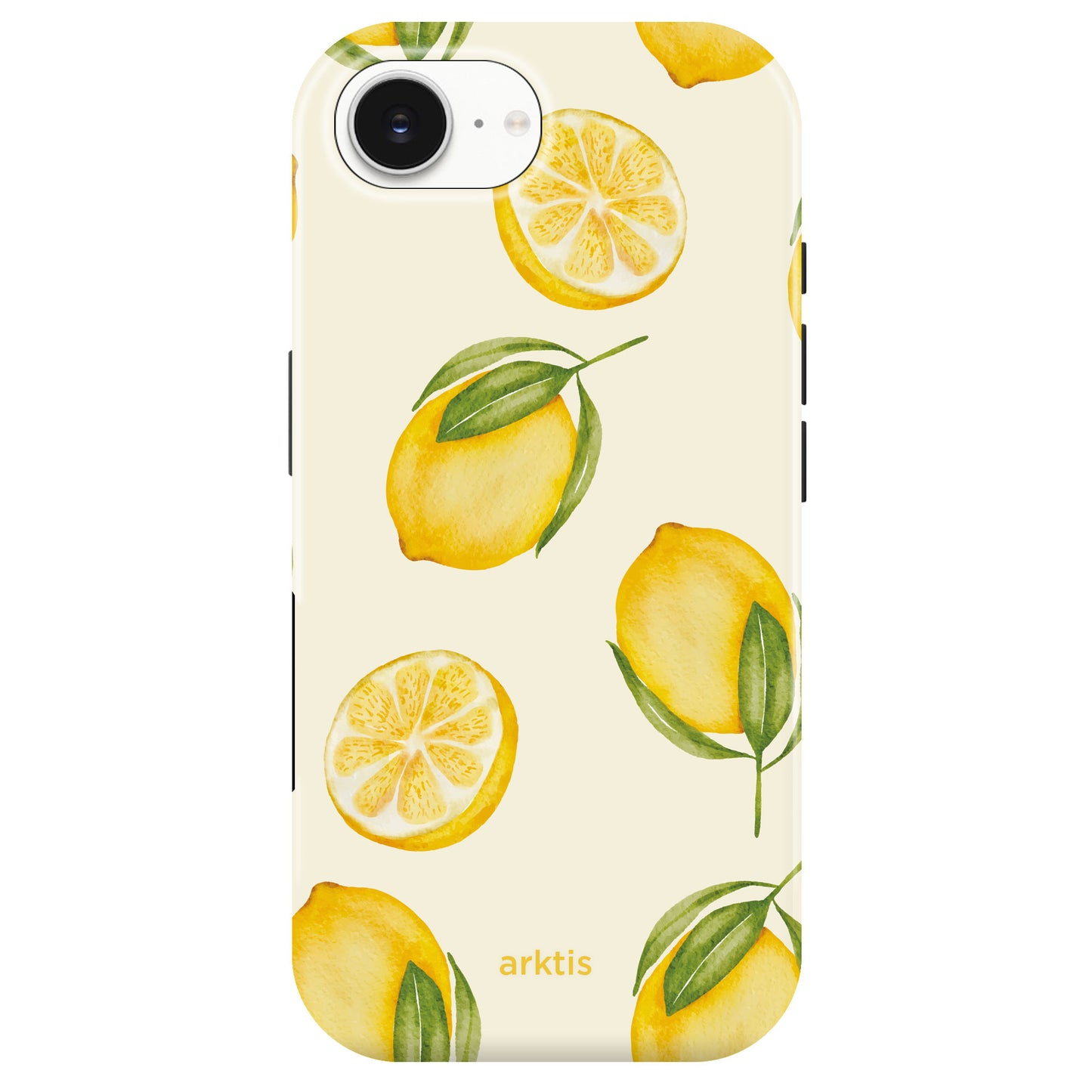 Die arktis iPhone 16e Hülle - Lemon zeigt ganze Zitronen, Zitronenscheiben und grüne Blätter auf einem blassgelben Hintergrund. Hergestellt aus stoßabsorbierendem TPU-Silikon und MagSafe kompatibel für Stil und Schutz von arktis.
