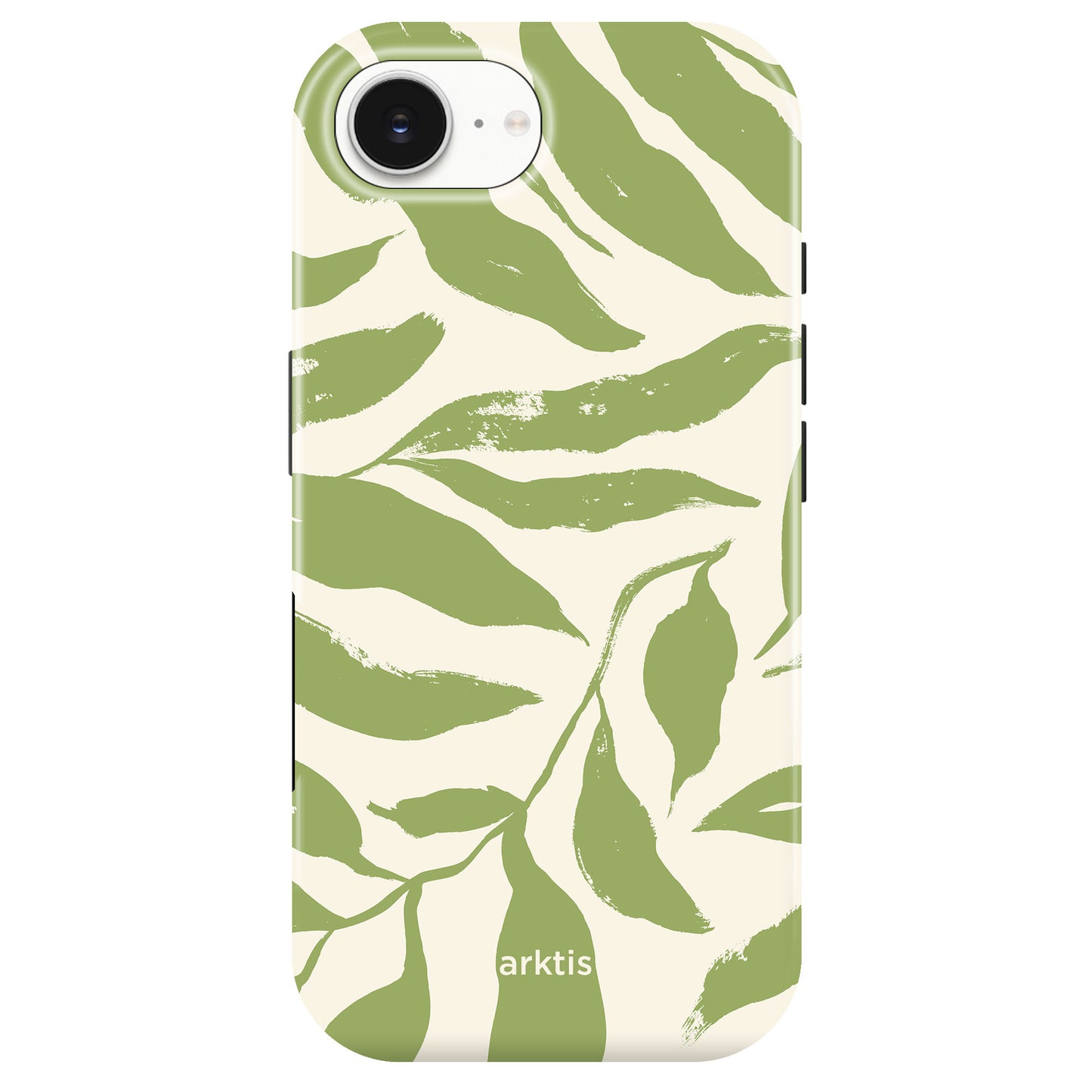 Die arktis iPhone 16e Hülle - Botanic hat stoßabsorbierendes TPU-Silikon, ein cremefarbenes Design mit grünem Blattmuster und "arktis"-Schriftzug unten. MagSafe-kompatibel für einfaches kabelloses Laden.