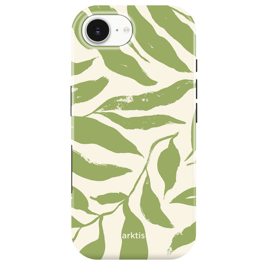Die arktis iPhone 16e Hülle - Botanic hat stoßabsorbierendes TPU-Silikon, ein cremefarbenes Design mit grünem Blattmuster und "arktis"-Schriftzug unten. MagSafe-kompatibel für einfaches kabelloses Laden.