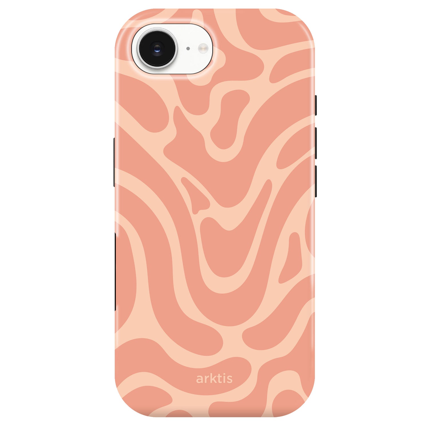 Die arktis iPhone 16e Hülle - Curly besticht mit einem pfirsich-pinken Wellenmuster und arktis Logo. Aus robustem, stoßfestem TPU-Silikon gefertigt, MagSafe kompatibel - stilvoller Schutz für dein Smartphone.