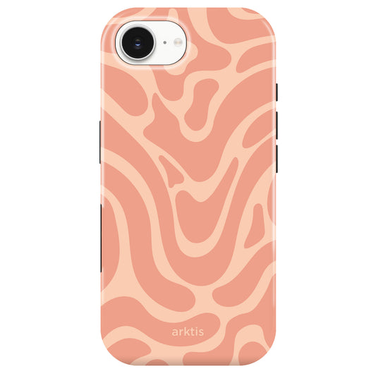 Die arktis iPhone 16e Hülle - Curly besticht mit einem pfirsich-pinken Wellenmuster und arktis Logo. Aus robustem, stoßfestem TPU-Silikon gefertigt, MagSafe kompatibel - stilvoller Schutz für dein Smartphone.