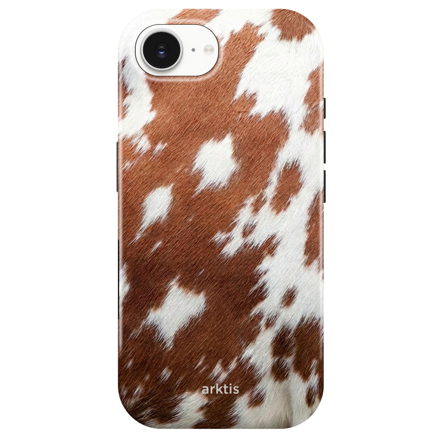 Die arktis iPhone 16e Hülle - Cow hat ein braun-weißes Kuhfellmuster mit dem arktis-Logo an der Unterseite, ist MagSafe-kompatibel und besteht aus stoßabsorbierendem TPU-Silikon.