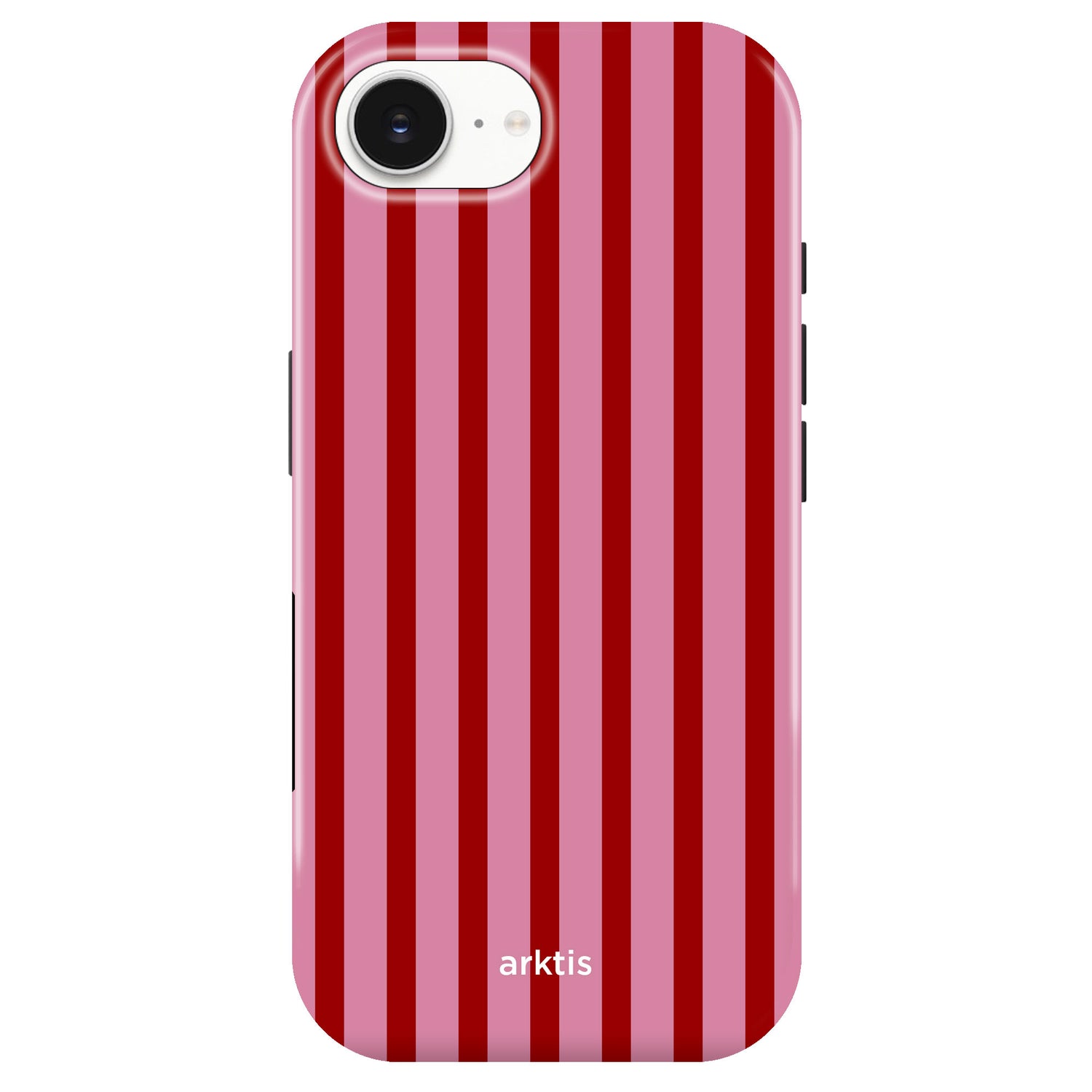 Die arktis iPhone 16e Hülle - Stripes verfügt über rote und dunkelrote Längsstreifen, das arktis Logo an der Unterseite, ist aus stoßabsorbierendem TPU-Silikon gefertigt und mit MagSafe kompatibel.