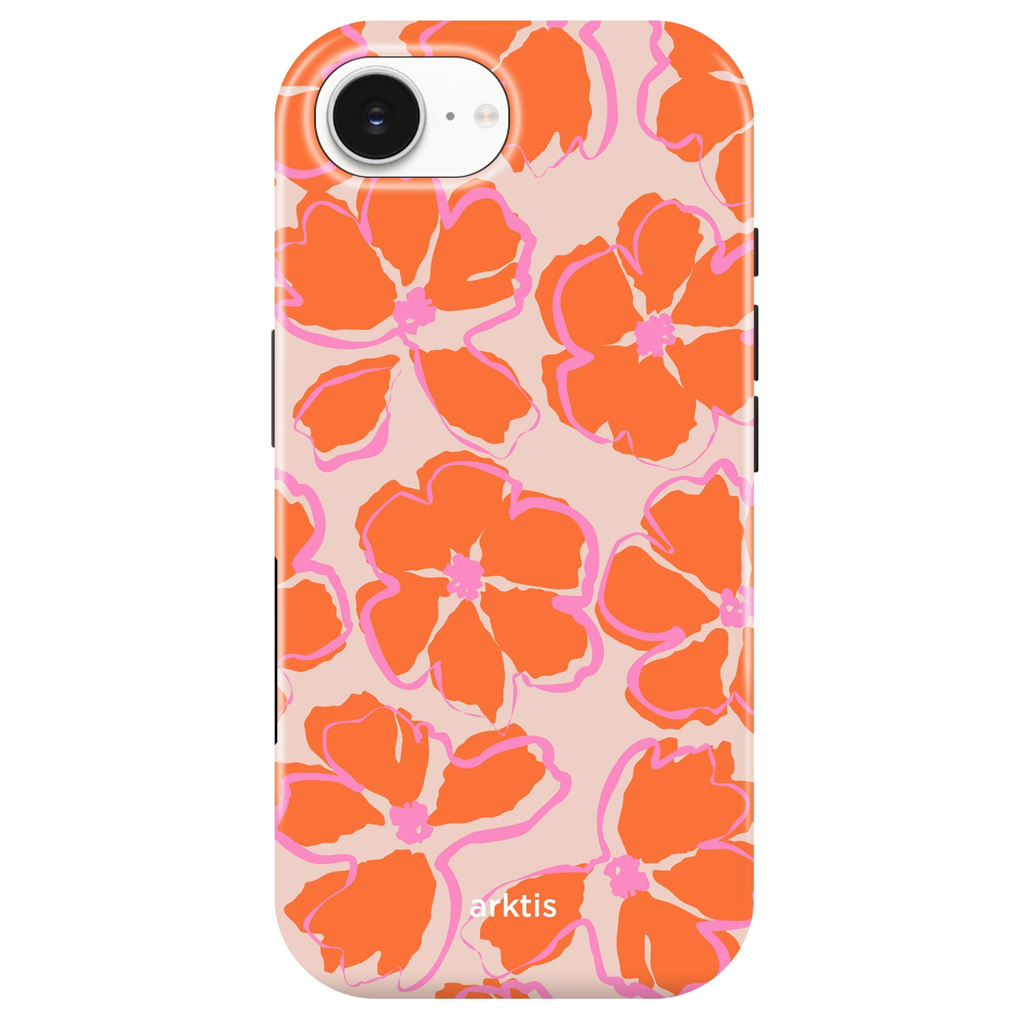 Die arktis iPhone 16e Hülle - Orange Mallow zeigt ein auffälliges Blumenmuster in Orange und Pink auf hellem Beige, ist aus stoßabsorbierendem TPU-Silikon gefertigt und MagSafe-kompatibel für stilvollen Schutz.