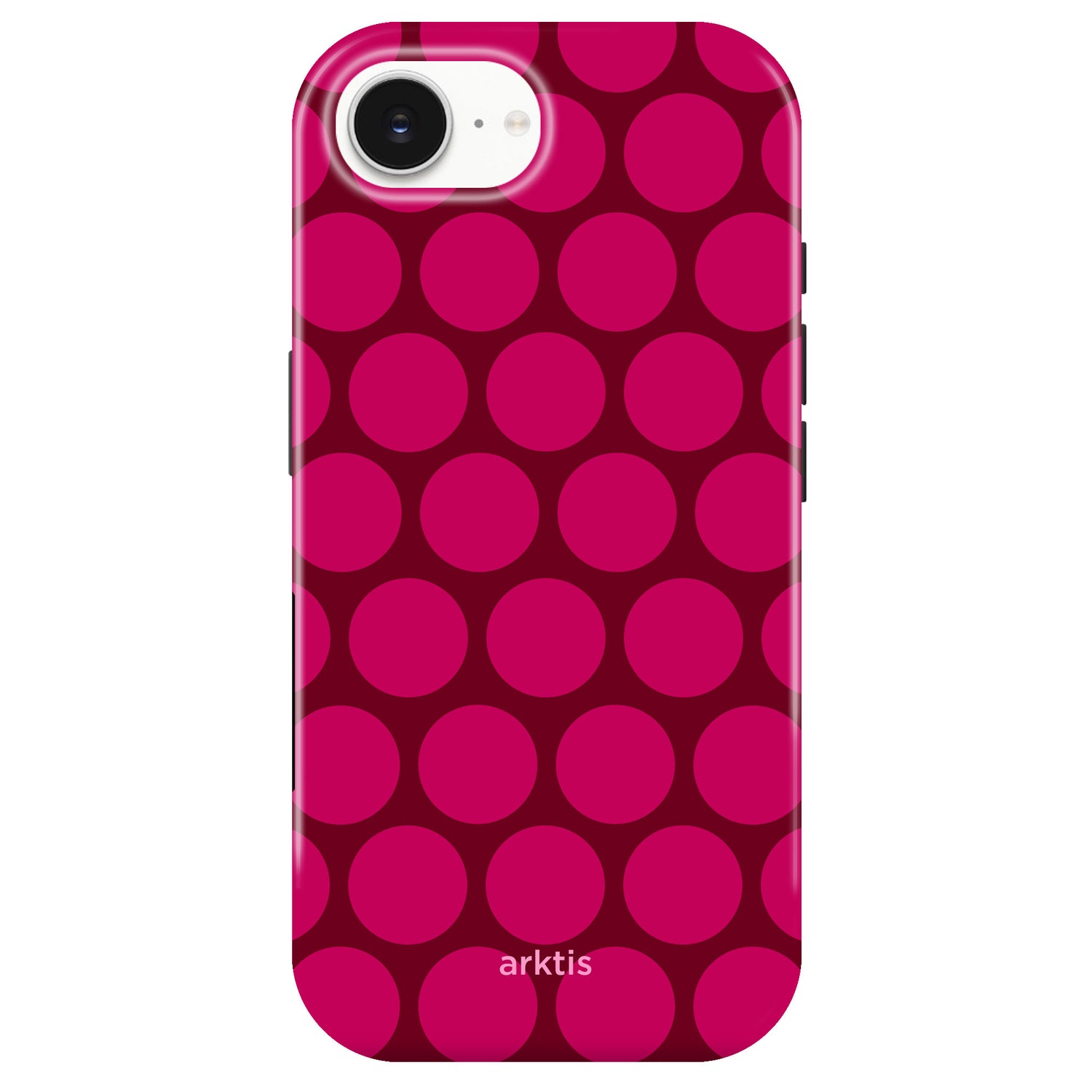 Die arktis iPhone 16e Hülle - Polka Dots von arktis überzeugt mit großen dunkelrosa Punkten auf hellem Pink, stoßabsorbierendem TPU-Silikon, MagSafe-Kompatibilität und arktis-Schriftzug am unteren Rand.